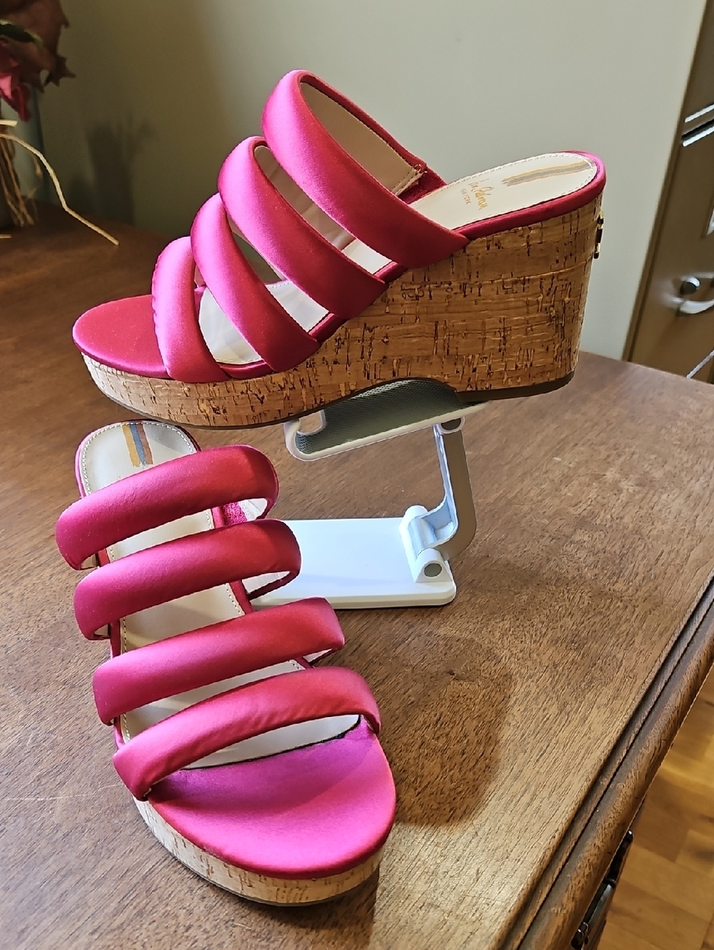 Sam Edelman Fuchsia Multi‑Strap Cork Wedge Sandals